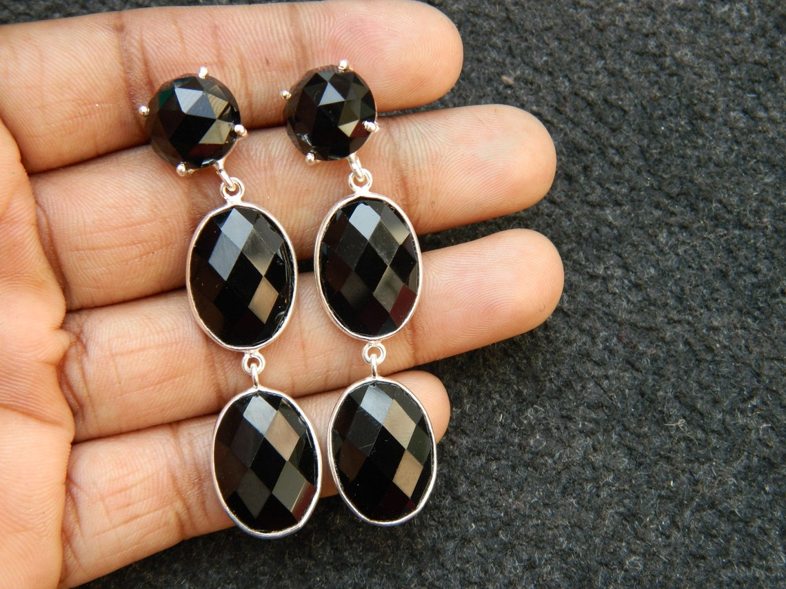 Black onyx earring Black onyx Bezel and prong set Silver Etsy