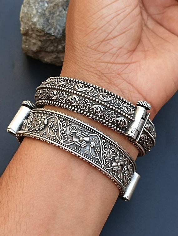 Oxidized Silver Floral Bangle - Handcrafted Bohemian Brass