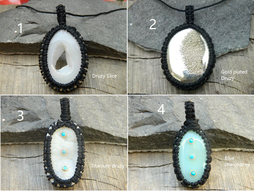 Gemstone Pendant Natural Blue Chalcedony Round Cabochon Macrame Thread Pendant Gift For Her Crystal Pendant Jewelry