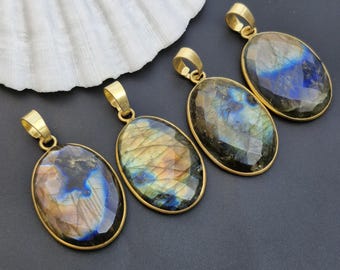 Oval Labradorite Pendant, Gold Plated Bezel, Handmade Gemstone