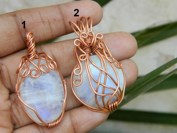 Natural White Rainbow Moon Stone Copper Wire Wrapped Pendant