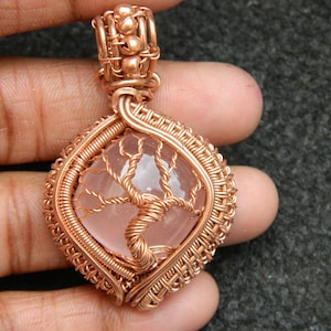 Rose Quartz Tree of life Wire Wrapped pendant  copper Wire Filigree Art Wire Wrap pendant Bohemian Tribal Gemstone Jewelry Exclusive Gift