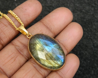 Labradorite Pendant Necklace, Gold Plated Oval Gemstone, 20" Chain