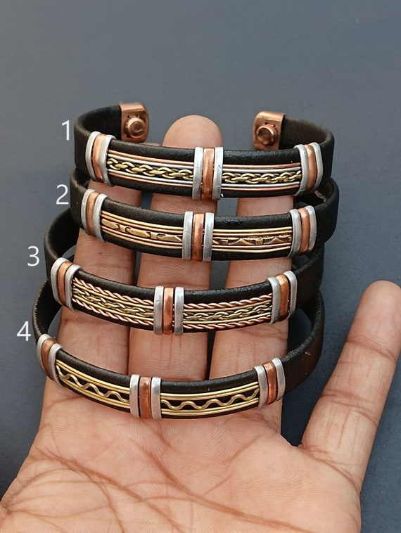 Handmade Dual Tone Copper Leather Cuff Bracelet, Magnetic Therapy