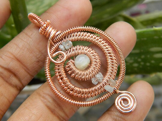 Copper Wire Wrapped Multi Stone Pendant Filigree Art Wire
