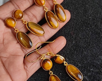 Orecchino con pietra preziosa autentica in occhio di tigre naturale placcato in oro, orecchino alla moda, gioiello con pietra portafortuna, regalo per donne e ragazze