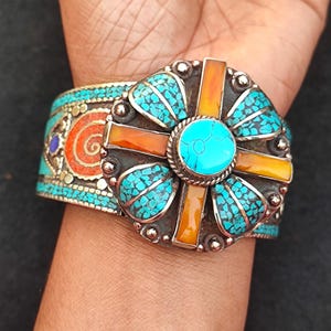 Turquoise, Lapis, Synthetic Coral, Silver Tibetan Cuff Bangle Bracelet Handcrafted Nepali Bangle Tibetan Ethnic Vintage Style Nepalace Cuff