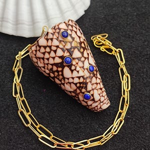 May include: A seashell pendant with a gold chain necklace. The pendant is a cone-shaped shell with a pinkish-tan pattern and four blue gemstone accents. The gold chain has rectangular links.