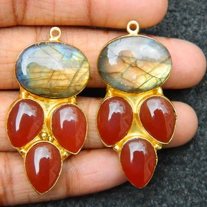 Natural Gemstone Cabochons Labradorite, White Rainbow, Moonstone, Blue Chalcedony, Red & Black Onyx Gold Plated Connector Jewelry Supplies