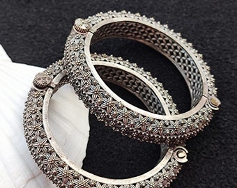 Oxidized Silver Bangle Bracelet Set, Boho Ethnic Kada, Vintage