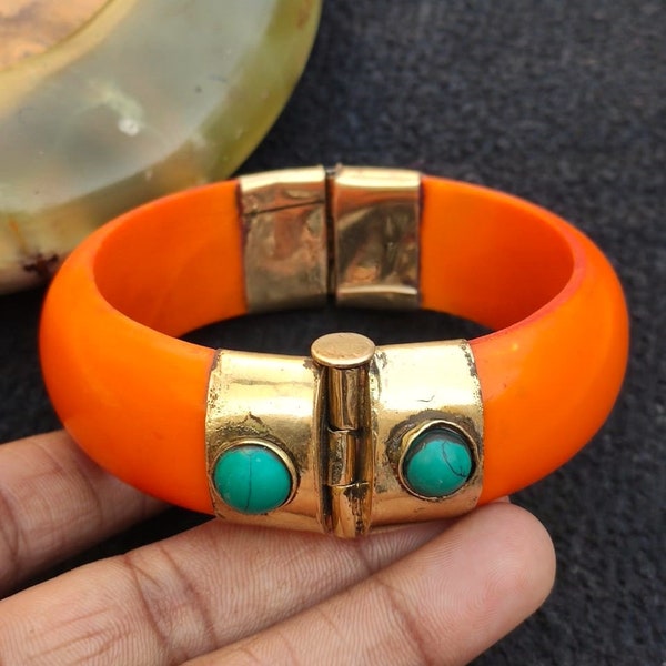 Resin Brass Bangle Bracelet With Turquoise Synthetic Stone Gorgeous Unique Collection Openable Bangle Handcrafted Antique Look Jewelry