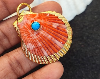Real scallop seashell 18k Gold Fill Electroplated Pendant With Turquoise Gemstone Charm Pendant Ocean Seashell Pendant Beach Jewelry For Her