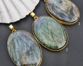 Oval Labradorite Pendant, Gold Plated, Natural Stone Gemstone
