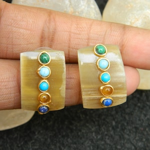 Ethically Sourced Natural Buffalo Horn with multi gemstone stud earring Gold Plated earring Horn jwelry Beautiful earring Gift For Women