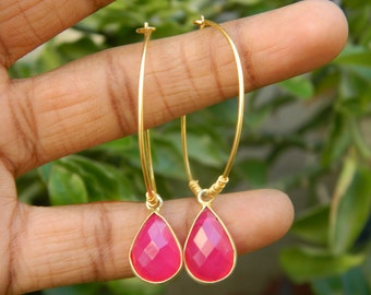 Earring Pink chalcedony Hoop earring Gold electroplated Boho Jewelry  Gemstone Earrings  Beautiful Gift  for Women