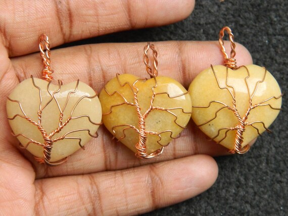 Gemstone Jewelry Natural Yellow Jade Tree of Life Heart Shape
