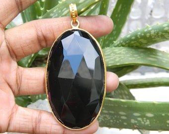 Huge Fancy Shape Faceted Black Onyx Pendant Jewelry Gold Plated Natural Gemstone Handcrafted Vintage Style Designer Gemstone Fashion Jewelry