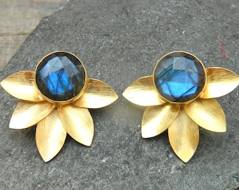 Labradorite Flower Stud Earrings, Brass, Bridal Jewelry