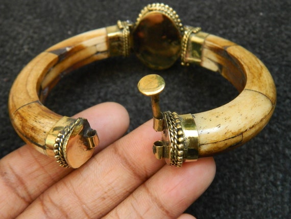 Vintage Bone Bracelet Cuff bracelet, bone bangle with turquoise ( man made Stone) , Antique Look Bangle, Handmade , Boho, Sale