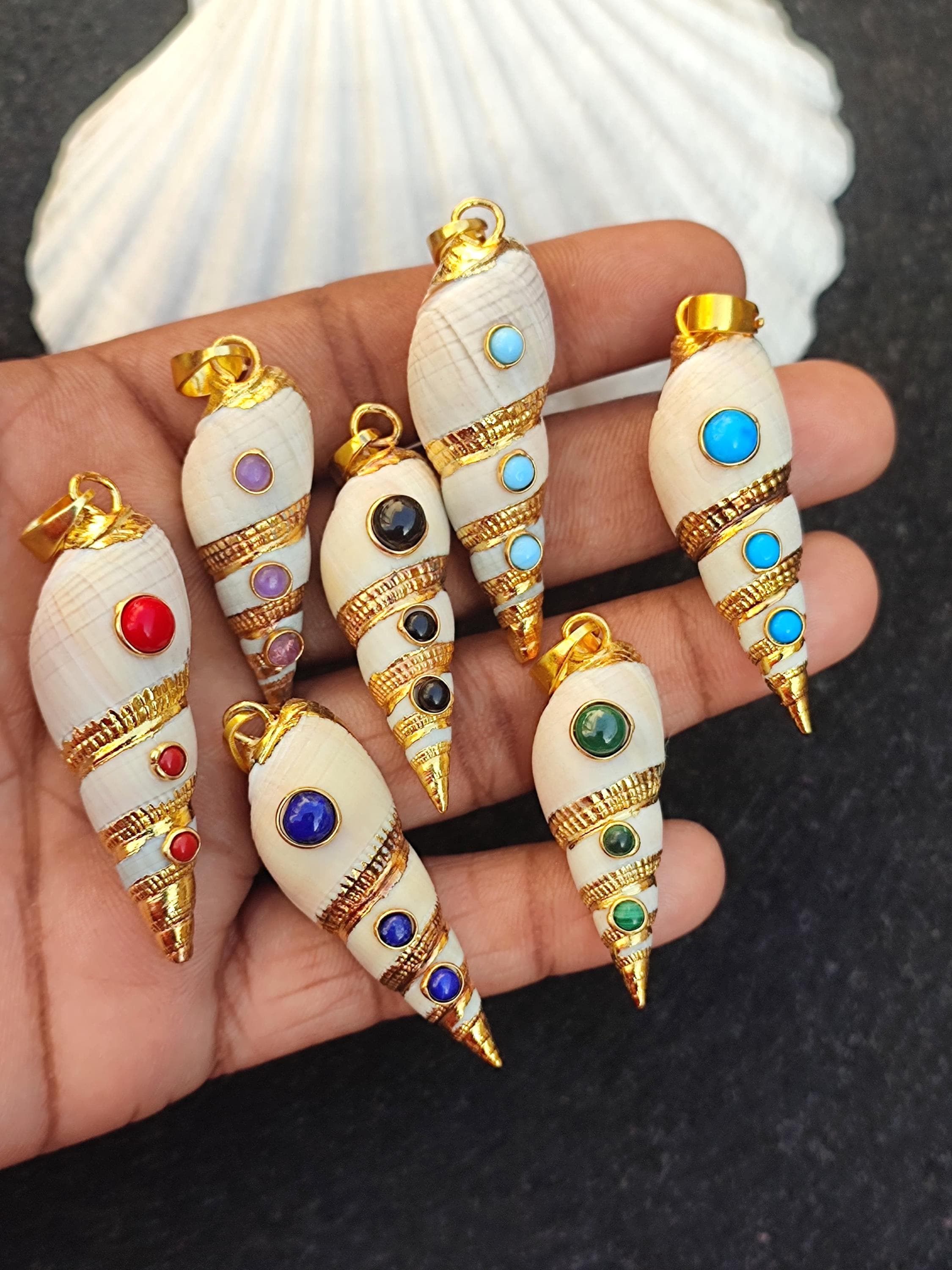 Natural Shell 18k Gold Fill Electroplated Pendant With Multi Gemstone Conch Seahells Charm Pendant Ocean Shell Beach Jewelry Gifts For Her