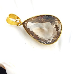 Pear Shape Cut Stone Smoky Quartz Pendant Gold Plated Bezel Link Genuine Gemstone Purely Handcrafted Vintage Style Fashion Jewelry