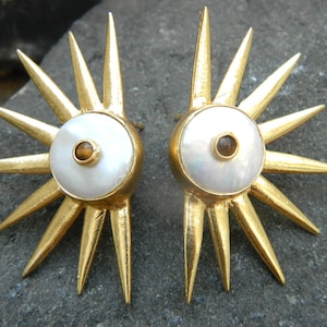 Natural Pearl Sun Studs Earring Turquoise & Tiger eye Pearl Studs earring Gold plated Beautiful earring Bridal Wedding Ethnic Tribal  Charm