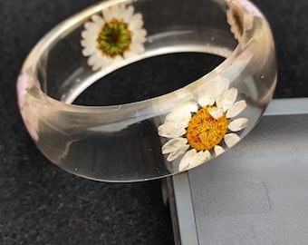 ハンドメイド押し花樹脂バングルブレスレット、ボタニカルジュエリー