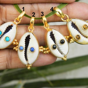 Cowries Shell pendant Shell With Turquoise lapis Black onyx & Tiger eye tiny accent gemstone pendant Bezel Set Gold plated jewlry  sale