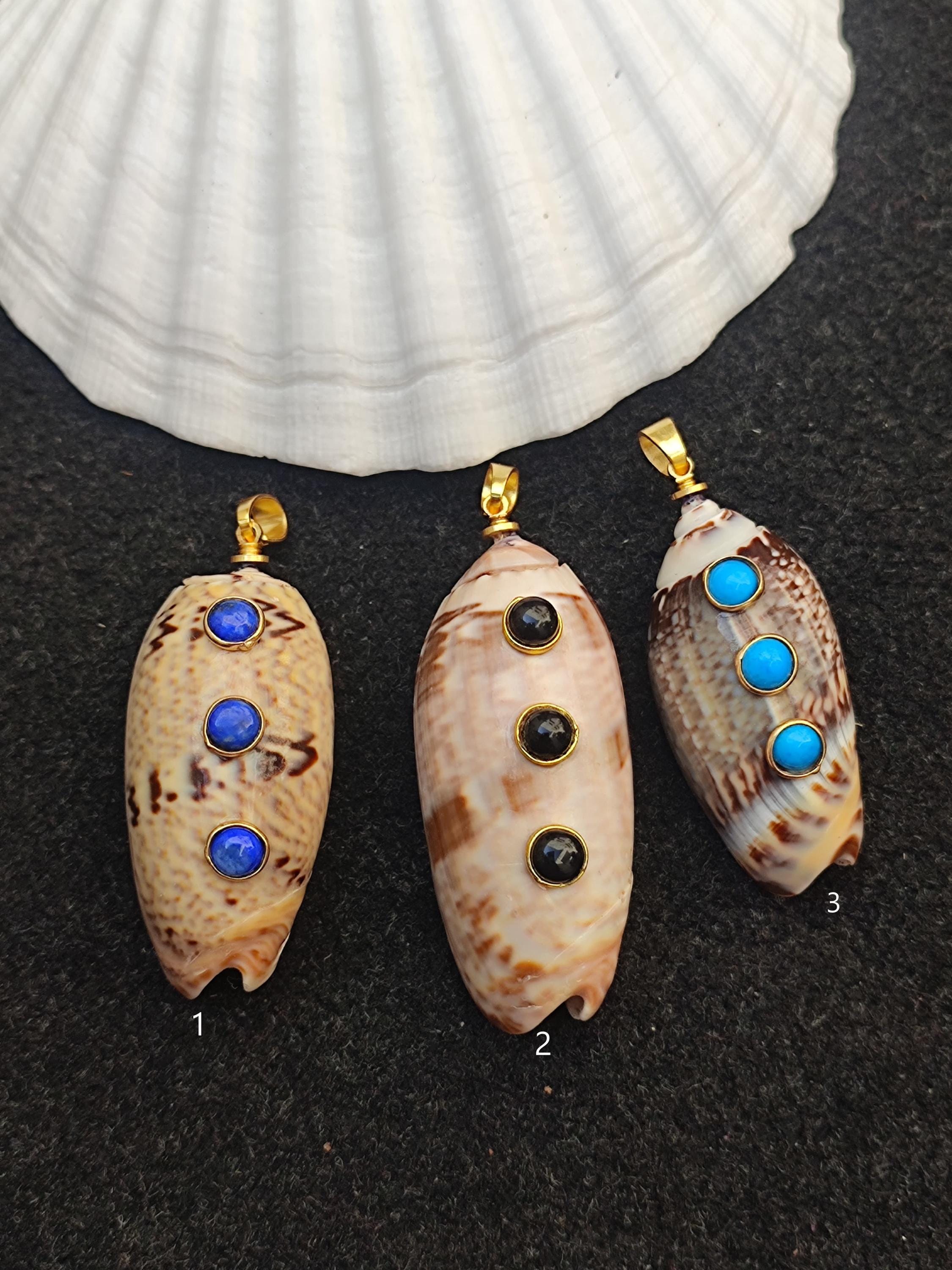 貝殻ペンダント、ラピスラズリ、オニキス、ターコイズ入り天然コンク