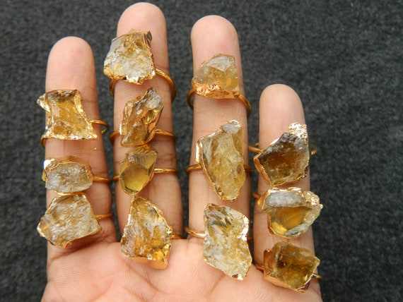 Natural Citrine Gemstone Raw Citrine Adjustable Ring Gold Electroplated Genuine Designer Unique Bohemian Exclusive Fashion Jewelry Gift Etsy