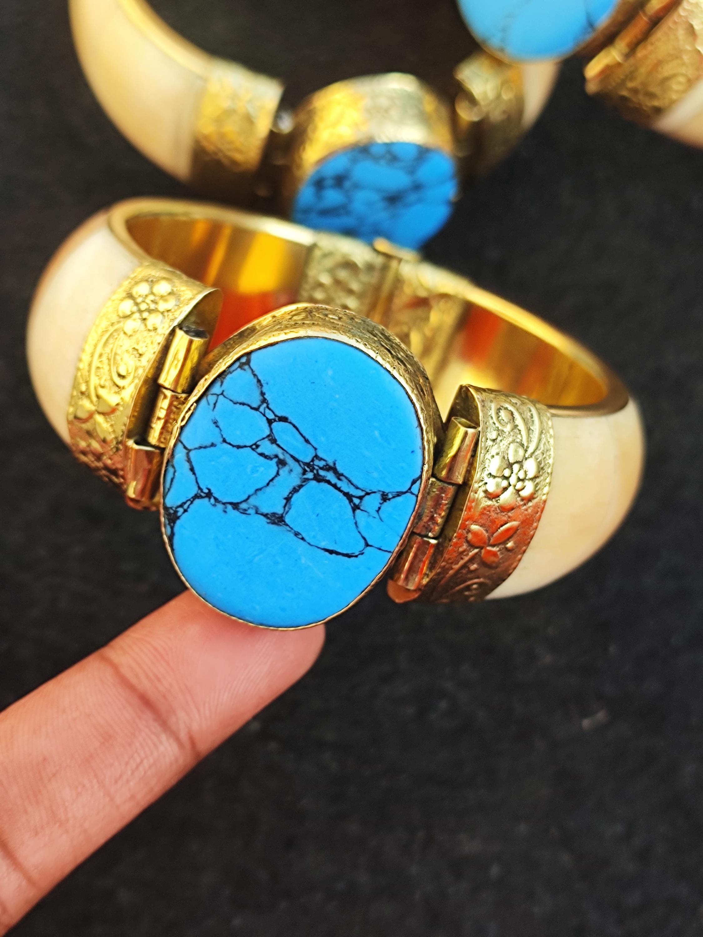 Handcrafted Buffalo Bone Bangle With Turquoise Stone - Antique