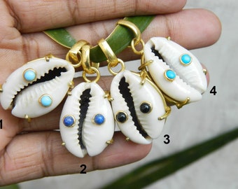 Cowries Shell pendant Shell With Turquoise lapis & Black onyx Tiny Accent Gemstone Jewelry Handcrafted Vintage Style Unique gift for her
