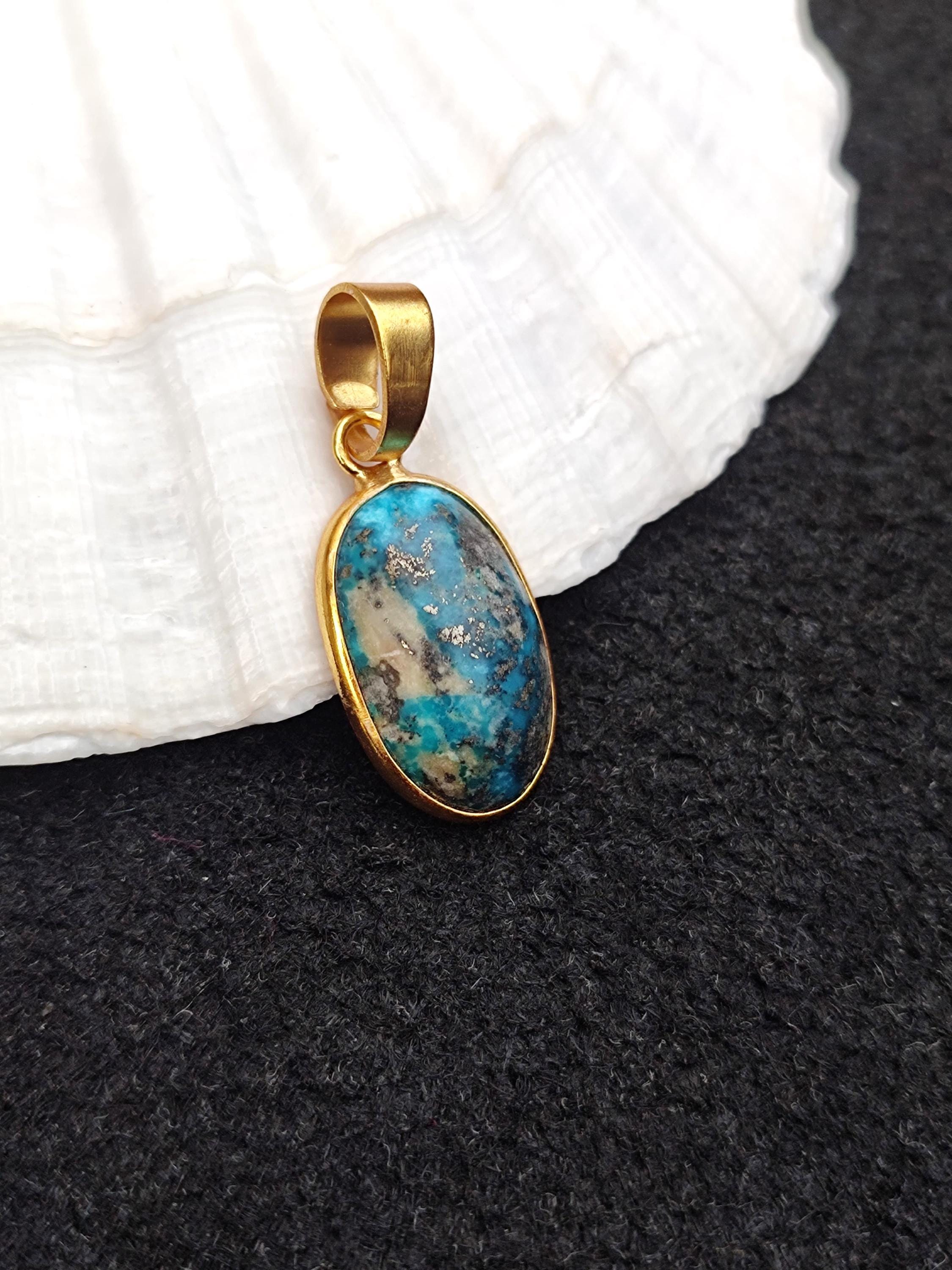 Turquoise Oval Shape Cabochons Gold Plated Brass Pendant Natural Turquoise Gemstone Handcrafted Vintage Style Pendant Birthstone Jewelry