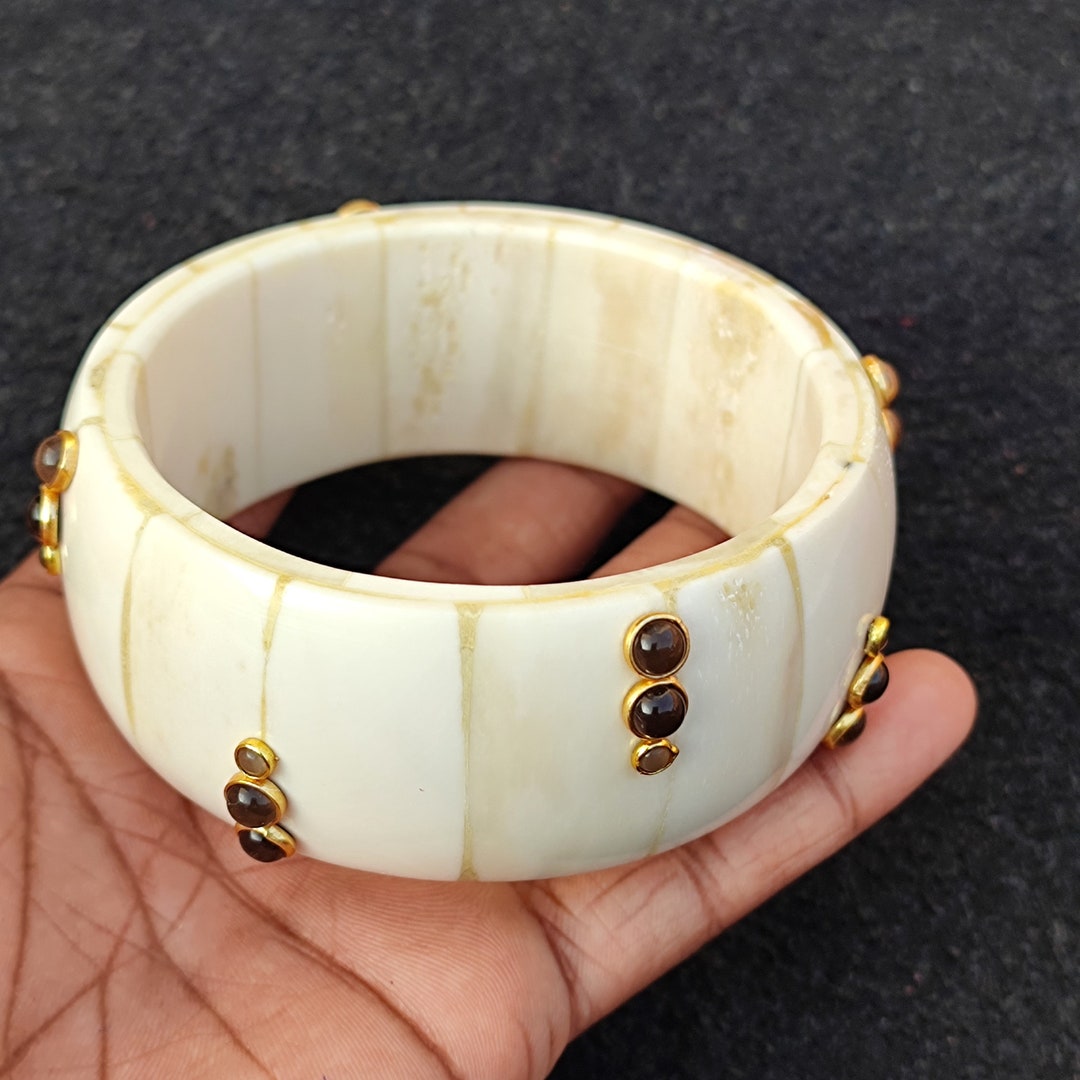 Buffalo Bone Bangle Bracelet, Ethically Sourced, Smoky Gemstone Accent ...