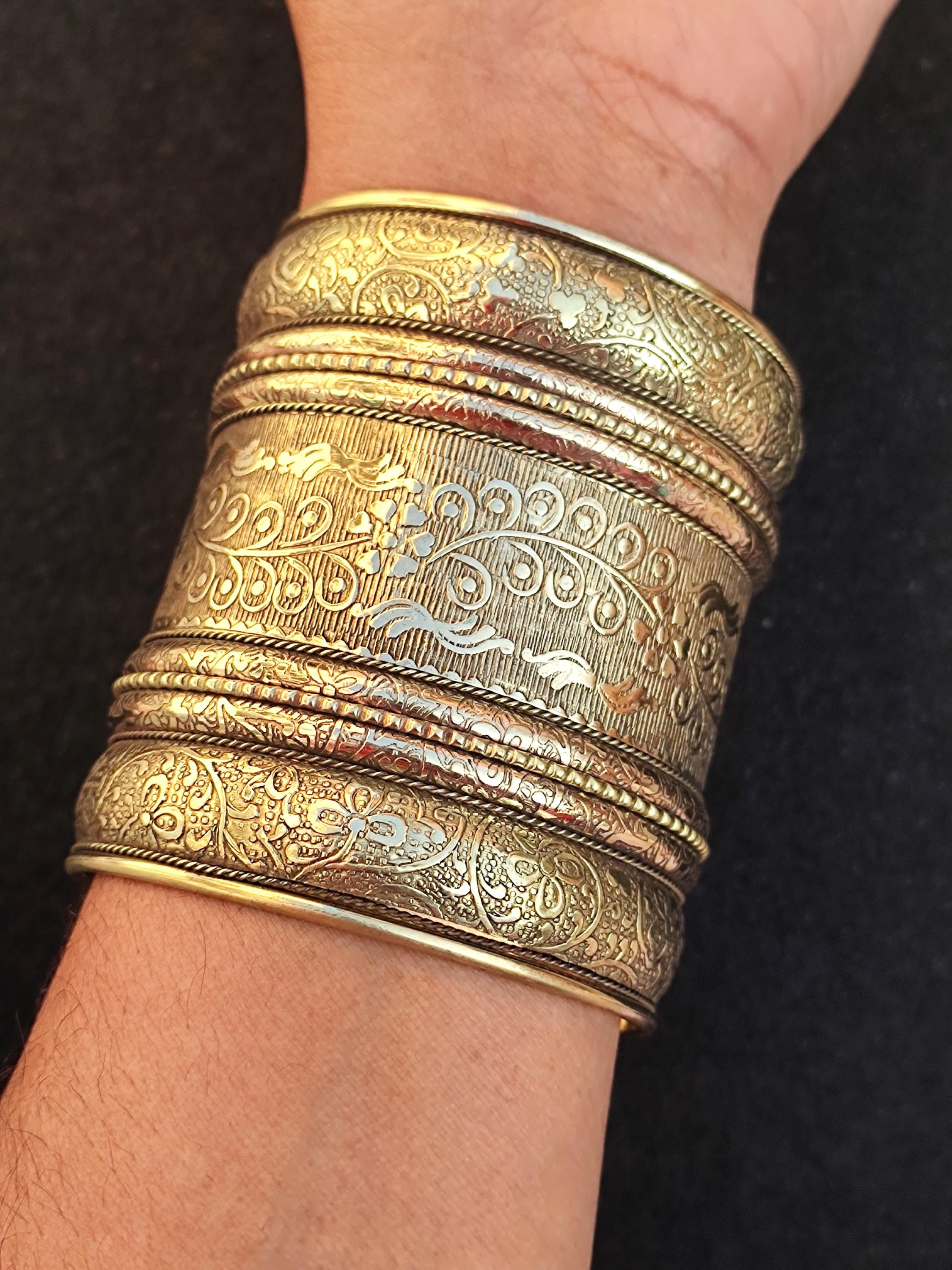Handcrafted Indian Brass Cuff Bracelet, Adjustable Vintage Style