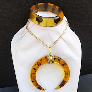 Gorgeous Resin Jewelry Set Honey Color Resin Necklace and Bangle Set  Crescent Pendant Handmade Fashionable Trendy and Unique Gift
