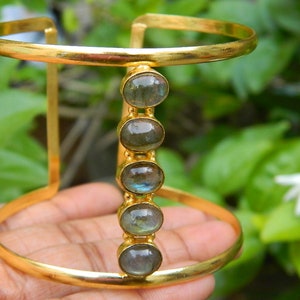 Natural Labradorite Gold Plated Brass Cuff Bangle Handmade Unique Designer Bohemian Traditional Ethnic Exclusive Fashion Jewelry Gift Sale