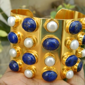 Fresh Water Pearl & Lapis Lazuli Cabochons Cuff Bangle Bracelet Natural Gemstone Jewelry Gold Plated Brass Handcrafted Unique Designer Gift