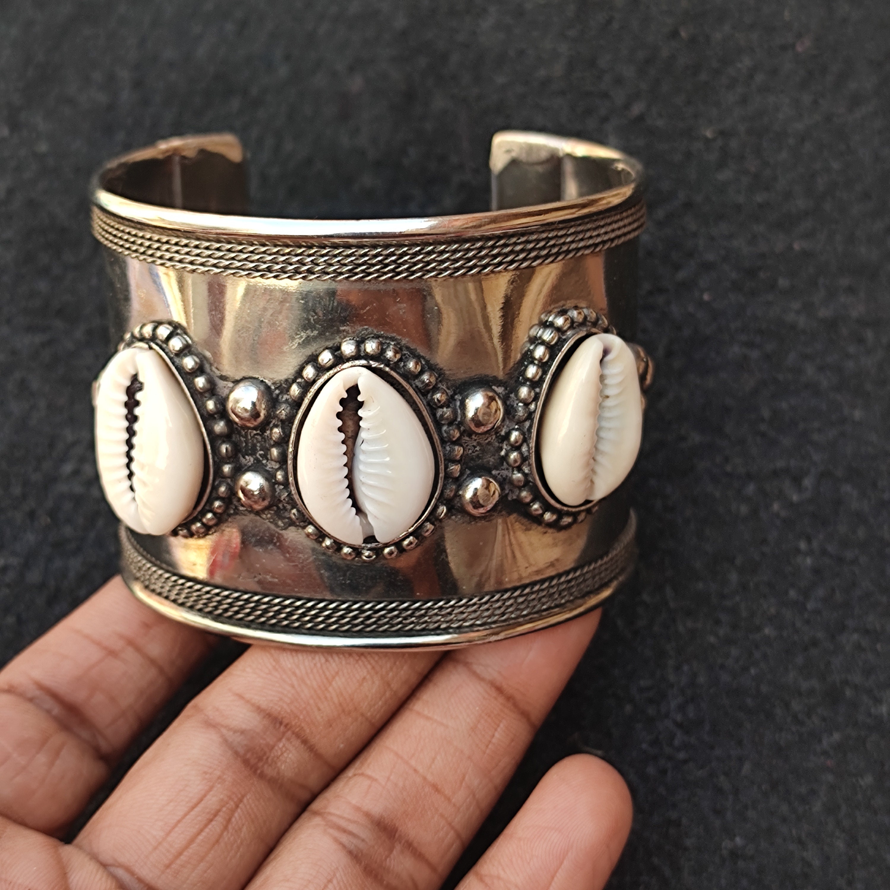 Cowries Sea shell Silver Plated on Brass Cuff Bangle Bracelet Charm Antique look Tribal bangle Oxidized Cowries jewelry