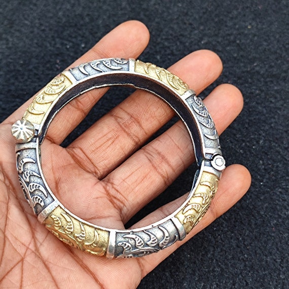 Dual Tone Silver Oxidized Bangle Vintage Antique Look Bracelet