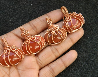Carnelian Color Red Onyx Pumpkin Shape Purely Handcrafted Copper Wire Wrapped Pendant Halloween Healing Filigree Art Vintage Style Jewelry