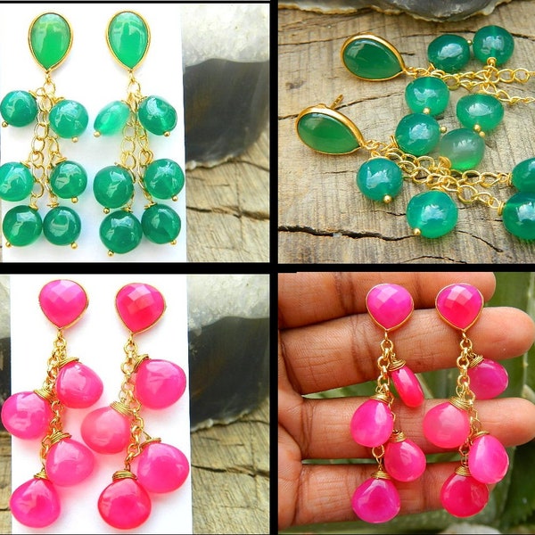 Gemstone Jewelry Purely Handcrafted Pink & Green Color Onyx Beaded Jewelry Studs Earrings Chandelier Designer Unique Jewelry Gift Sale