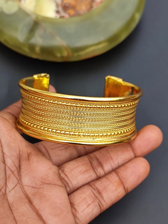 Handcrafted Gold Plated Brass Cuff Bangle, Vintage Indian Style