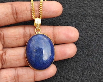 Handcrafted Lapis Lazuli Pendant Necklace, Gold Plated Brass Bezel, 20" Chain