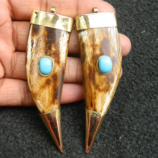 Horn Bone Pendant with Turquoise, Ethically Sourced - Vintage Style (3.5 inch)