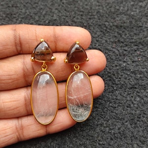 Natural Smoky and Rock Crystal Quartz Earring Bezel Set Gold Plated Earring Gemstone jewelry Bohemian Designer earring Fashion Jewelry