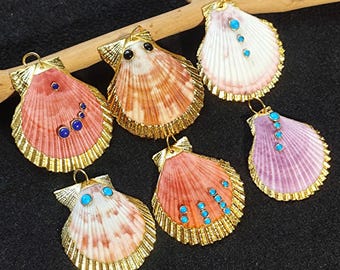 Real scallop seashell 18k Gold Fill Electroplated Pendant With Natural Multi Gemstone Ocean Real Seashell Pendant Beach Jewelry For Her