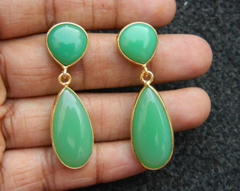 Chrysoprase Earring Bezel set Statement earring Designer Gold Earrings Green Gemstone Earring Bridal Wedding Ethnic Tribal Beautiful earring