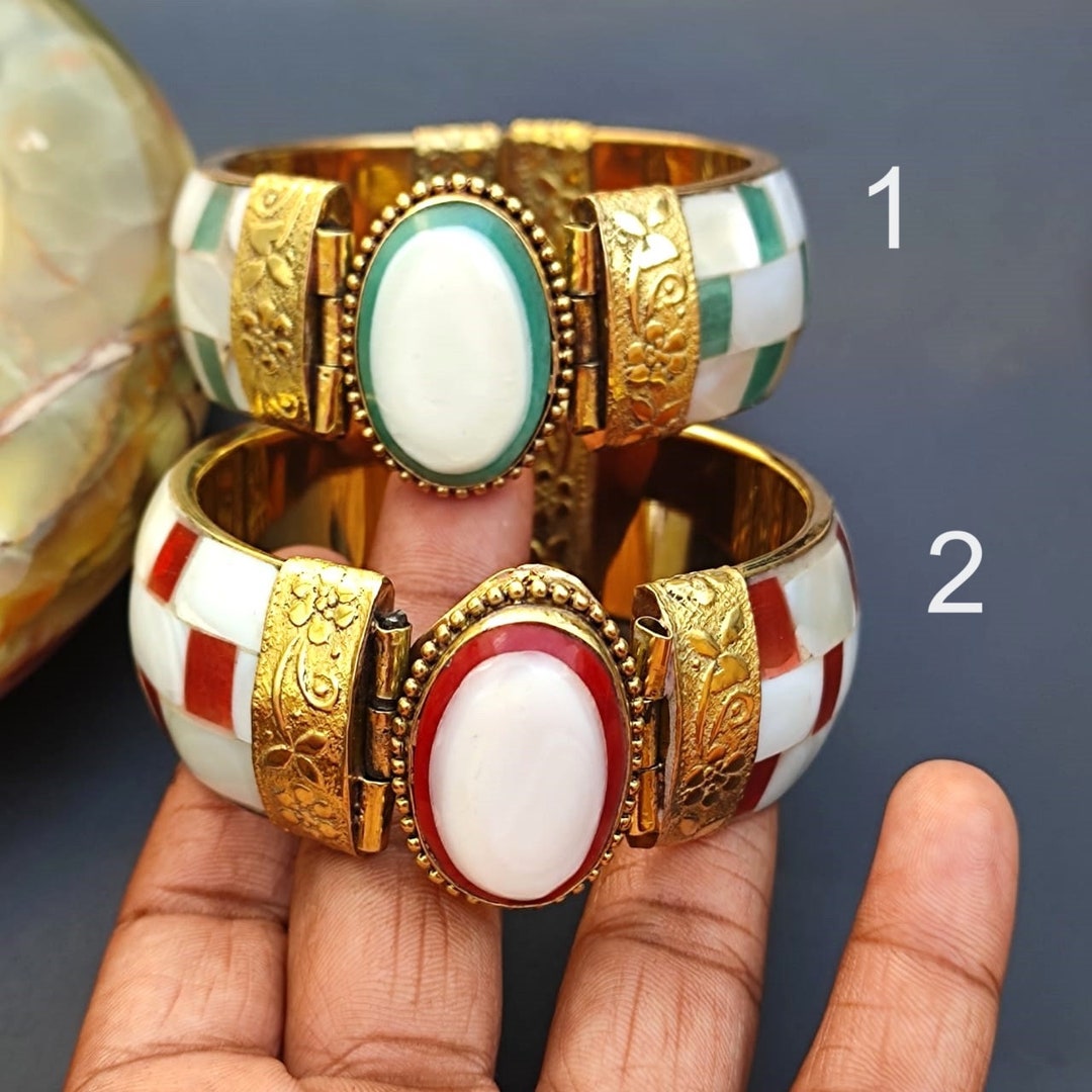 Vintage Mother of Pearl Brass Bangle Bracelet Red & Green