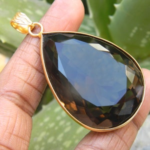 Natural Smoky Quartz Pendant Gold & Silver Plated Brass Pear shape pendant gemstone jewelry Designer Unique Exclusive fashion jewelry gift